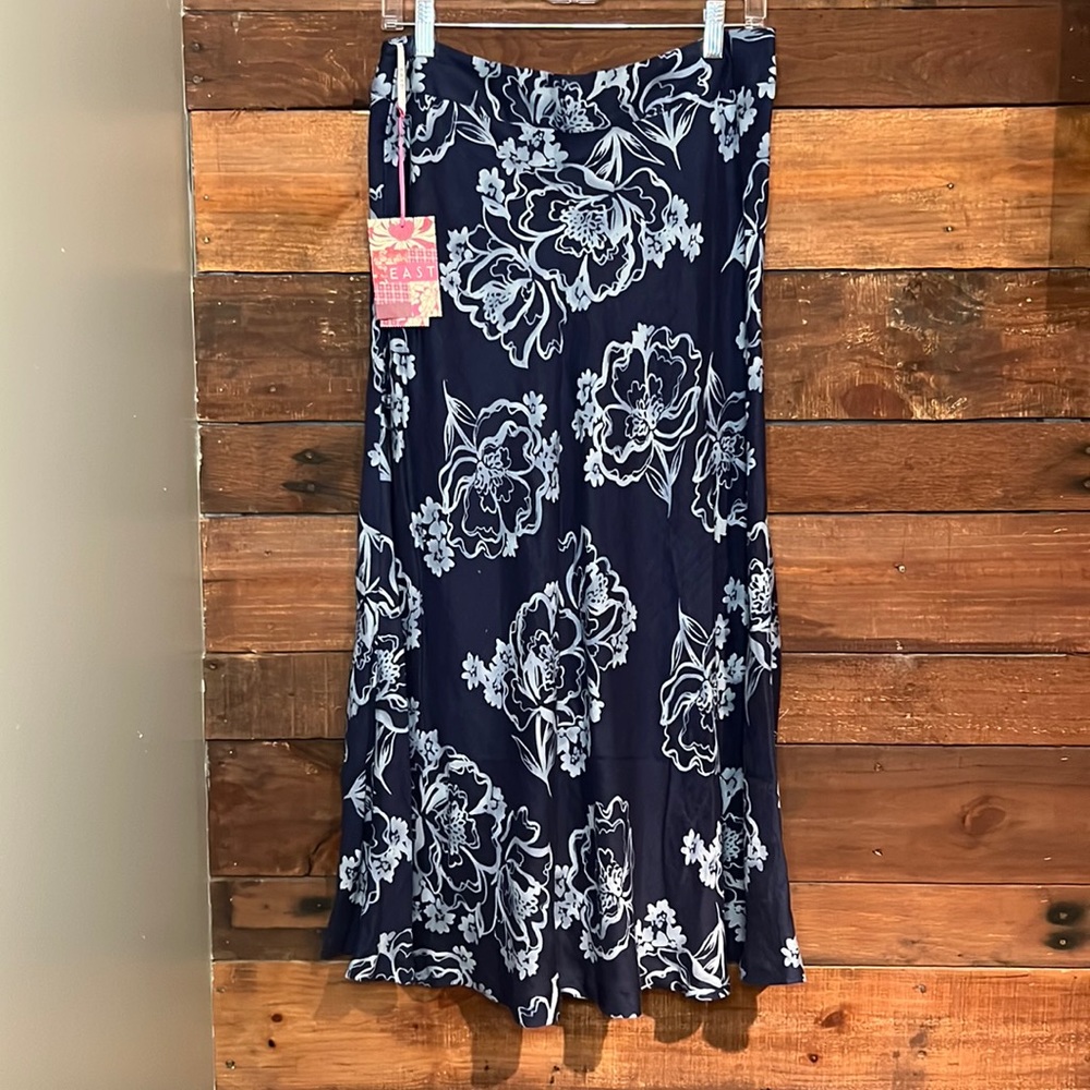 EAST Blue floral linen maxi skirt, size 12 NWT